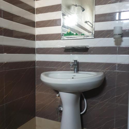 a bathroom with a white sink and a mirror at Hotel Sara PVT LTD in Janakpur