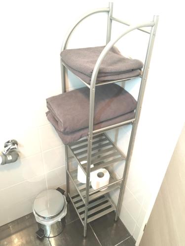 a metal towel rack in a bathroom with a toilet at Apartment Newstyle in Regensburg