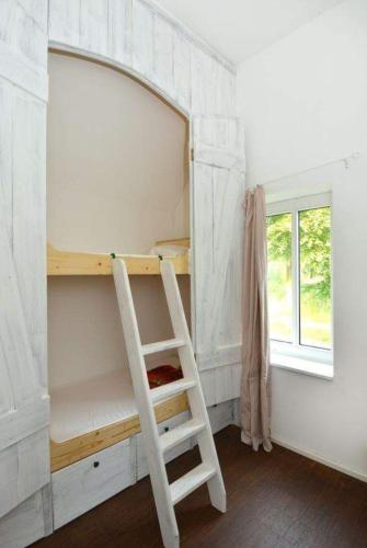 a bunk bed with a ladder in a room at Reet-Cottage Nahe der Ostsee in Süsel