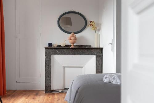 - une chambre avec une cheminée et un miroir dans l'établissement Aurora - T1 - 25, à Carcassonne