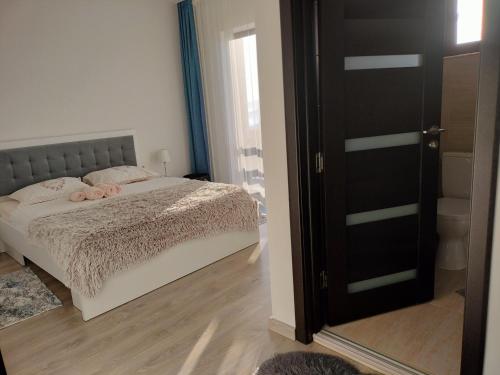 a bedroom with a bed and a large mirror at Pensiunea Agroturistica Acvila Apusenilor in Vadu Moţilor