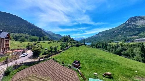 a view of a green field with animals on a hill at Hadar Deluxe - tucasaenlospirineos in Escarrilla