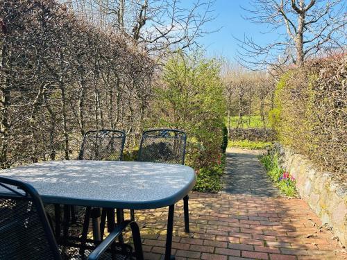 a blue table and two chairs on a brick path at FERIENWOHNUNG Kiefer WE 3 in Göhren-Lebbin