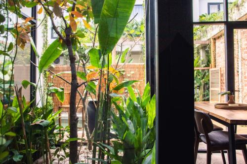 a room with a table and some plants and a window at Takak Villas in Siem Reap