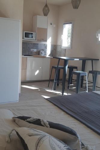 une cuisine avec une table et des chaises dans une pièce dans l'établissement Les Bromélias Ile du Levant, à Hyères