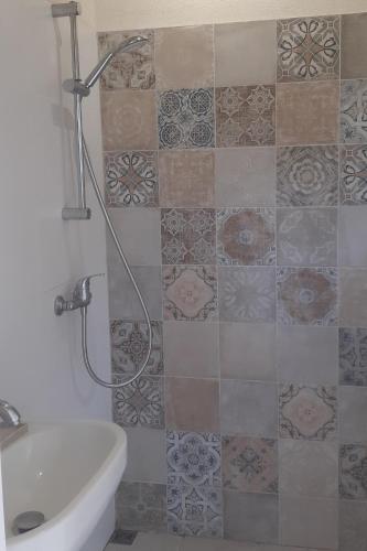 La salle de bains est pourvue d'une douche et d'un mur en carrelage. dans l'établissement Les Bromélias Ile du Levant, à Hyères