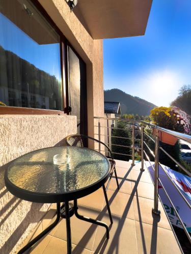 a glass table on a balcony with a view at Pensiunea Karina in Caciulata