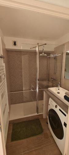 une salle de bain avec une douche, des toilettes et un lavabo dans l'établissement Lou Olivie, appartement climatisé avec piscine aux pieds Alpilles, à Paradou