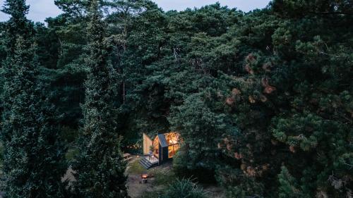 an aerial view of a house in the woods at Sterrenhuisje aan de Beddermolen in Westerlo
