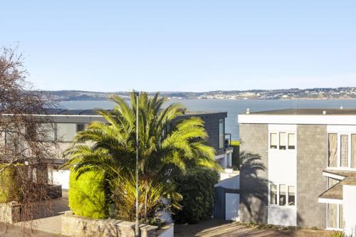 a palm tree in front of a building at Heathcliff, Coastal Walks and Sea Views in Brixham
