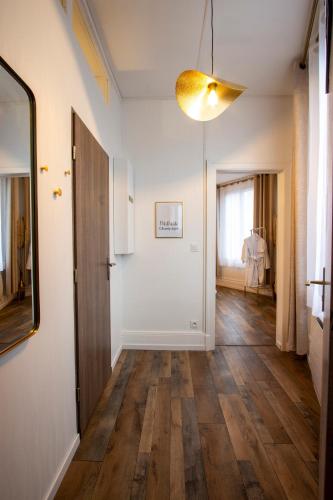 - un couloir doté de parquet et d'un miroir dans l'établissement Bulle Champenoise - Netflix & Wifi - Localisation Idéale - check-in 24H24 - GoodMarning, à Châlons-en-Champagne