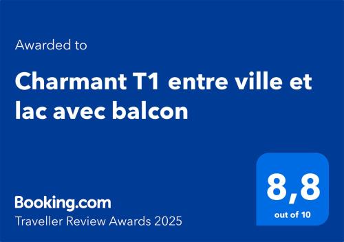 Certifikát, ocenenie alebo iný dokument vystavený v ubytovaní Charmant T1 entre ville et lac avec balcon