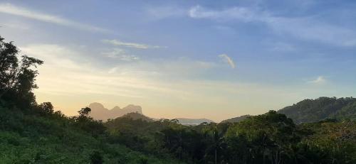 een uitzicht op een bos met bergen op de achtergrond bij Manga's swimming pool in El Nido