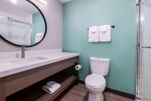 a bathroom with a sink and a toilet and a mirror at ECHO Suites Extended Stay by Wyndham Nashville/ Gallatin in Gallatin