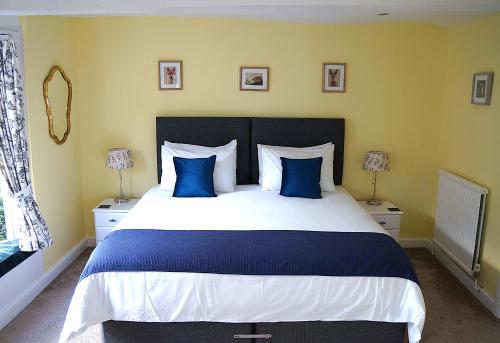 a bedroom with a large bed with blue pillows at Radcliffe Guest House in Ross on Wye