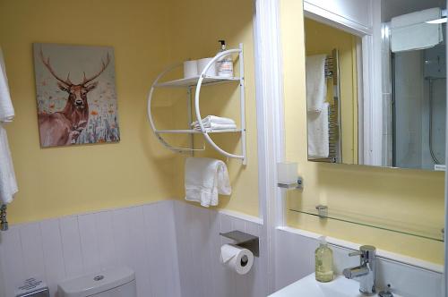 a bathroom with a sink and a picture of a deer on the wall at Radcliffe Guest House in Ross on Wye