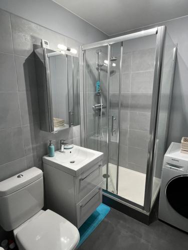 une salle de bain avec une douche, des toilettes et un lavabo dans l'établissement Les Glycines, à Le Touquet-Paris-Plage