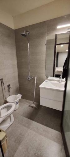 a bathroom with a sink and a toilet and a mirror at Grapes Garden Resort Hunza in Hunza Valley