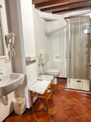a bathroom with a shower and a toilet and a sink at Hotel La Corte in Correzzola