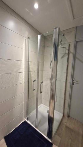 une douche avec une porte vitrée dans une salle de bain dans l'établissement Gîte le Doux Galet, à Bretteville