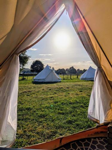 two tents in a field with the sun behind them at Nine Yards Bell Tents at the TT - Castletown in Castletown