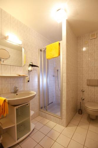 a bathroom with a shower and a sink and a toilet at Wagnerhof in Breitbrunn am Chiemsee