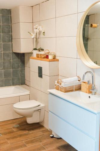 a bathroom with a toilet and a sink and a mirror at שיח מדבר לינה בנגב Burning Bush Negev in Merhav Am