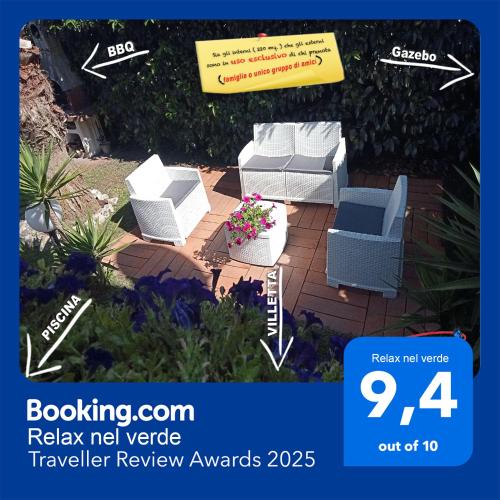 a flyer for a review of a patio with two white furniture at Relax nel verde in Bracciano