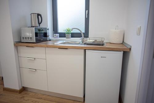 a kitchen counter with a microwave and a sink at Yael Luxury Apartments 5 in Buşteni