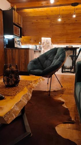 a living room with a green chair on a table at Vila Jezerski raj Borsko jezero in Bor