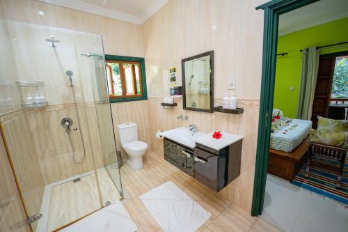 a bathroom with a shower and a toilet and a sink at Pension Michel Villa Roche Bois in La Digue