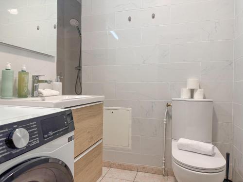 une salle de bain avec une machine à laver et un lavabo dans l'établissement Le Cosy Place - charmant T2 avec Parking - Orléans Hyper Centre, à Orléans