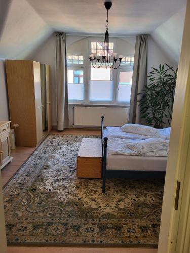 a bedroom with a bed and a chandelier at Schlossblick Apartment in Gotha