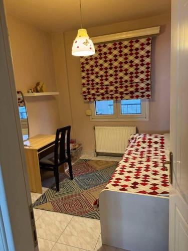 a room with a bed and a table and a window at Cozy Naoussa in Naousa Imathias