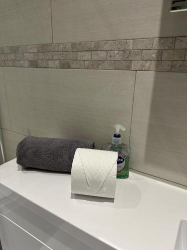 a white counter with a box and a bottle of soap at Together in Ealing, Modern Two Bedroom Flat with Garden, Patio, Parking and Sleeps Five in Ealing