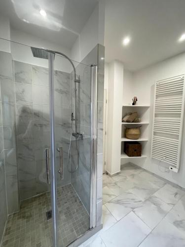 La salle de bains est pourvue d'une cabine de douche en verre. dans l'établissement Joli 2 pièces avec terrasse, proche mer, à Nice