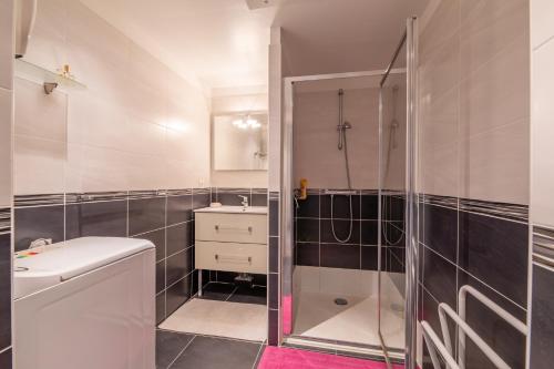 une salle de bain avec une douche, des toilettes et un lavabo dans l'établissement Coeur d'Azur - apt climatisé - 1km plage, à Saint-Raphaël