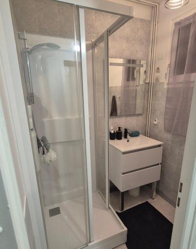 une salle de bain avec douche et lavabo dans l'établissement Escapade à Royan - A 5min de la gare jardin, à Royan
