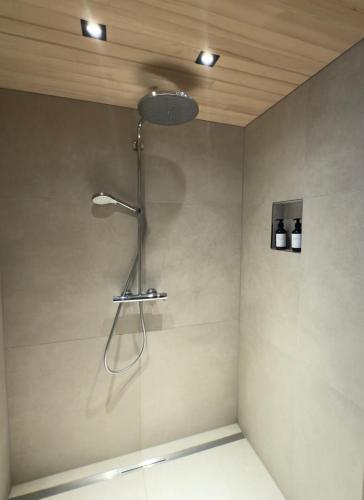 a shower with a shower head in a bathroom at Ferienwohnung & Spa Renate in Sibratsgfäll
