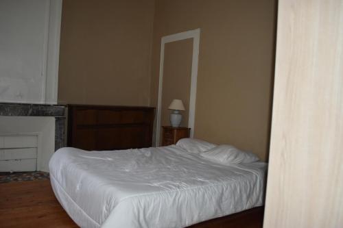 - une chambre avec un lit blanc et une cheminée dans l'établissement Appartement de caractère, à Bourg