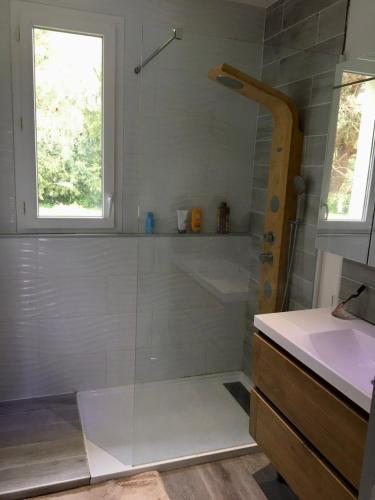 une salle de bain avec douche et lavabo dans l'établissement La Canopée - Villa familiale avec piscine chauffée, à Saint-Philbert-sur-Risle