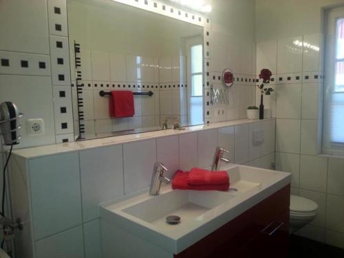 ein weißes Badezimmer mit einem Waschbecken und einem Spiegel in der Unterkunft Am Stemsbach in Prerow
