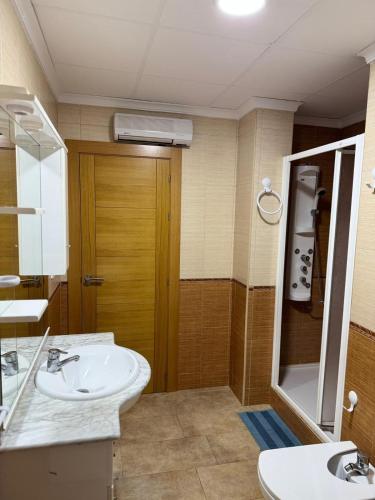 une salle de bain avec lavabo et douche dans l'établissement Apartamento en Bogarra, à Bogarra