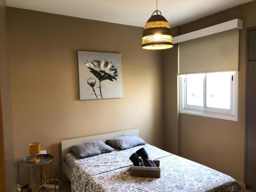 Un dormitorio con una cama con una caja encima. en Cozy 2BR Beach Apt, Perfect for Getaways, en Lárnaca