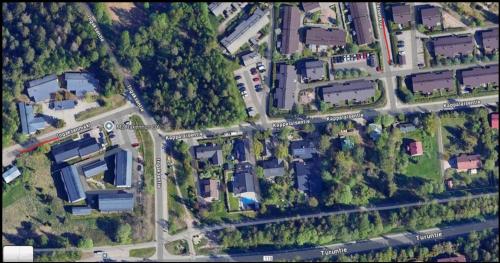an overhead view of a city with buildings and roads at Cozy and relaxing apartment in Ingas, Espoo in Espoo