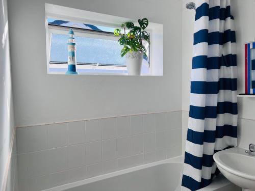 a bathroom with a blue and white shower curtain at 2 Bed House - Sleeps 4 - Pets - Garden - Parking in Pentraeth