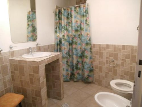 a bathroom with a sink and a toilet and a shower curtain at Cabañas Tio Willy in Villa Carlos Paz