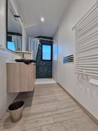 La salle de bains privative est pourvue d'un lavabo et d'une douche. dans l'établissement Côté DUNES, à Saint-Jean-le-Thomas