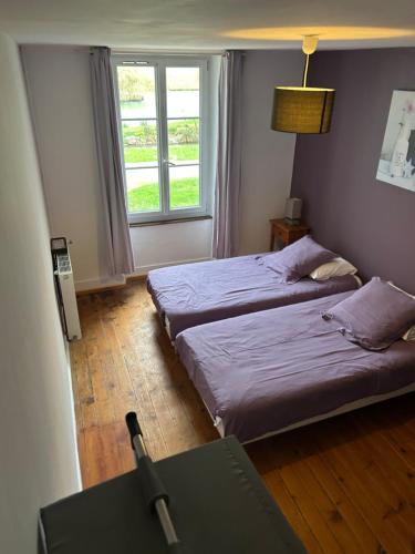 a bedroom with two beds and a window at la ferme, Coeur De Combray in Ernes