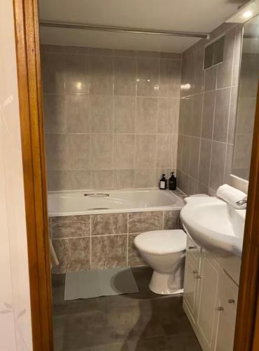 une salle de bain avec une baignoire, des toilettes et un lavabo dans l'établissement Magnifique Duplex à 600m du Martroi, à Orléans